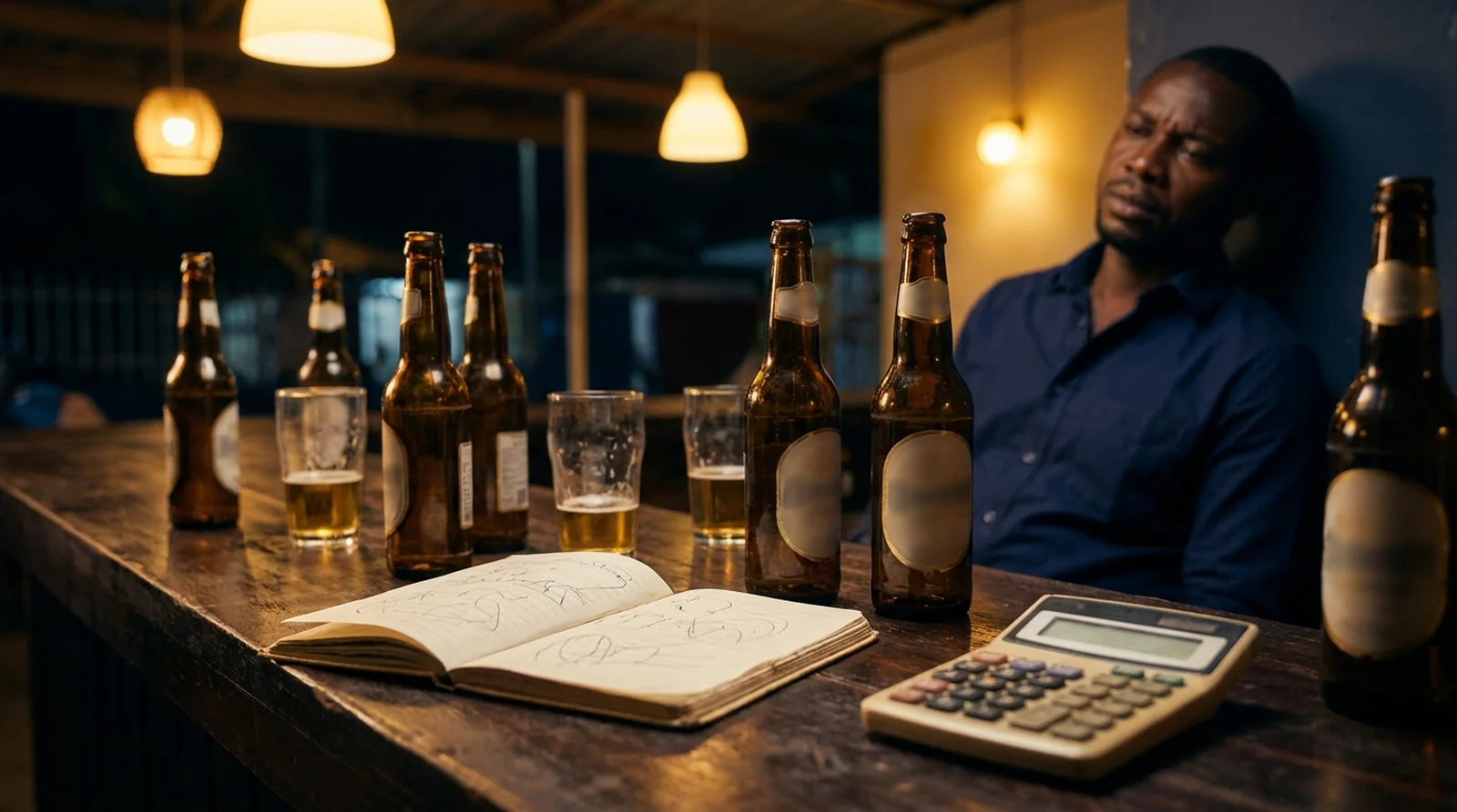 Comptoir de maquis abidjanais au crépuscule, bouteilles vides de Beaufort et cahier de caisse en gros plan.