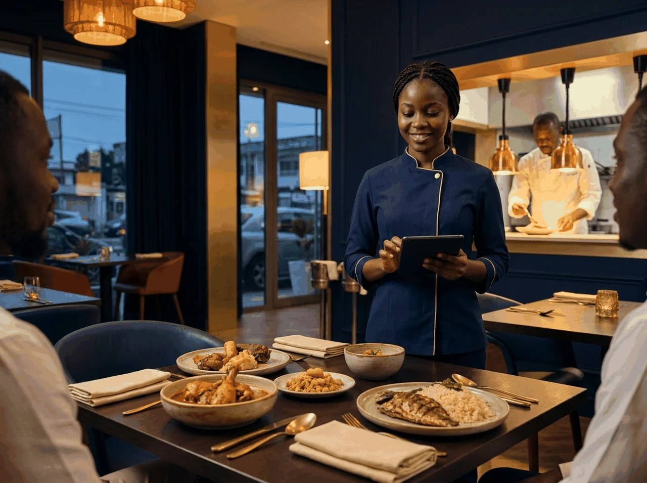 Serveuse abidjanaise prenant une commande sur tablette dans un restaurant chic, cuisine visible en arrière-plan.